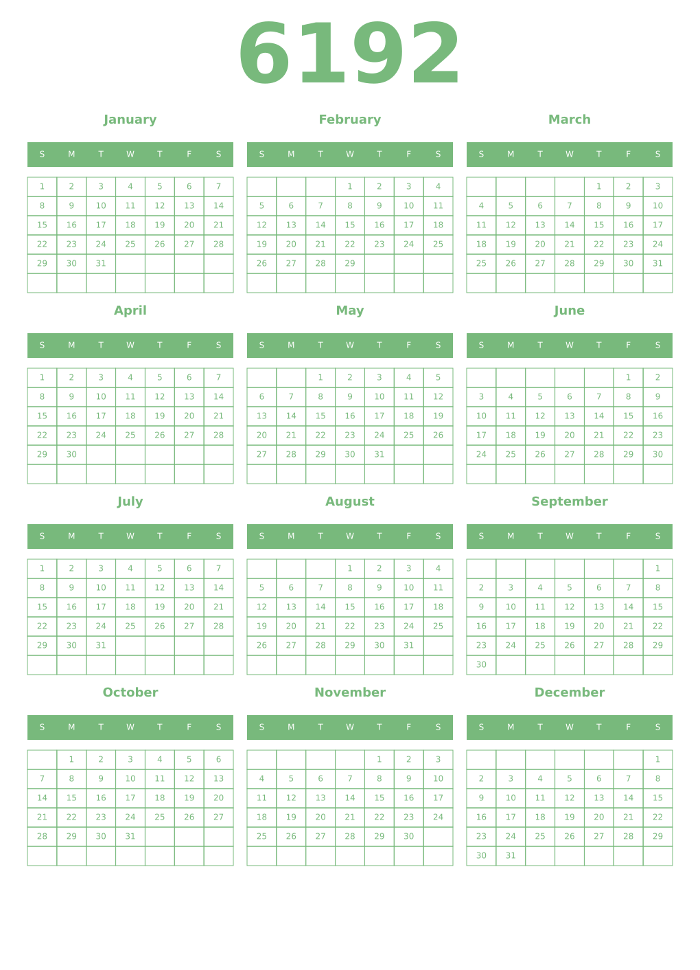 Printable 6192 Year Calendars celadon