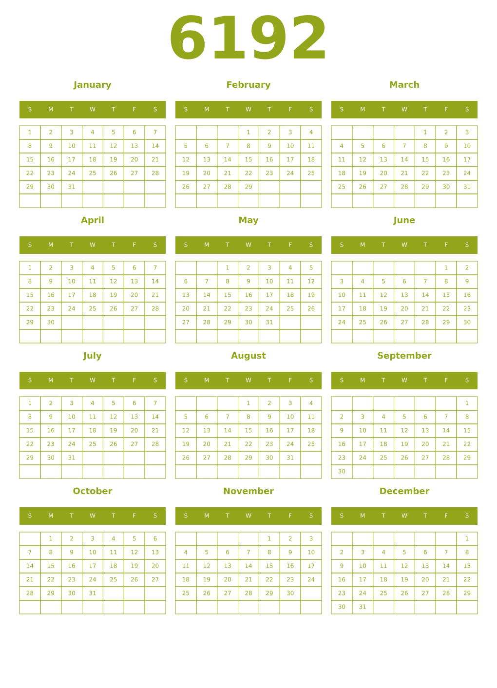 Printable 6192 Year Calendars chartreuse