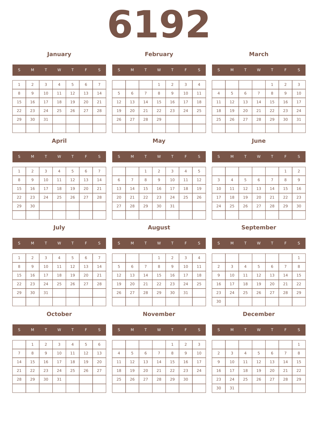 Printable 6192 Year Calendars coffe