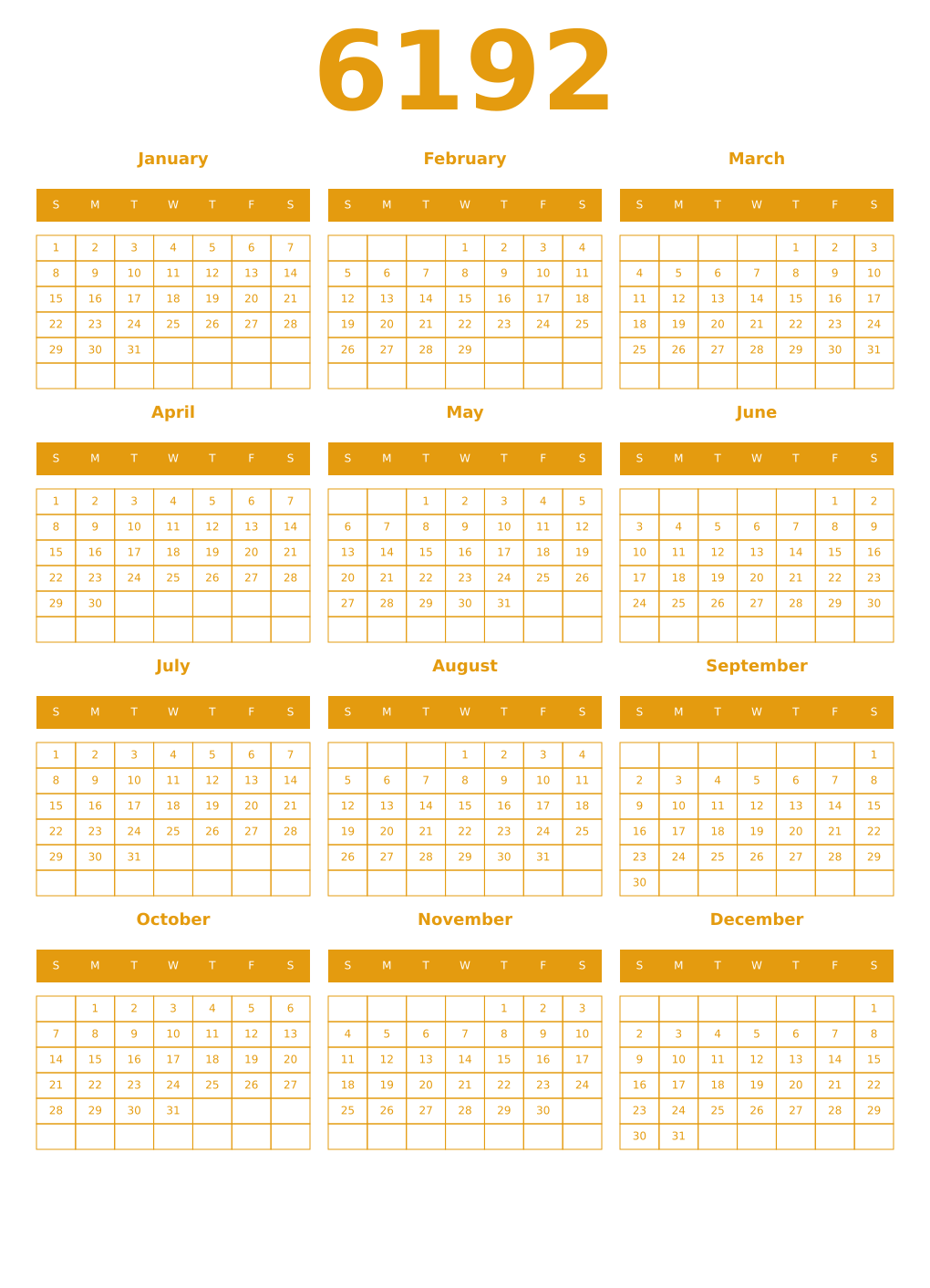 Printable 6192 Year Calendars gamboge