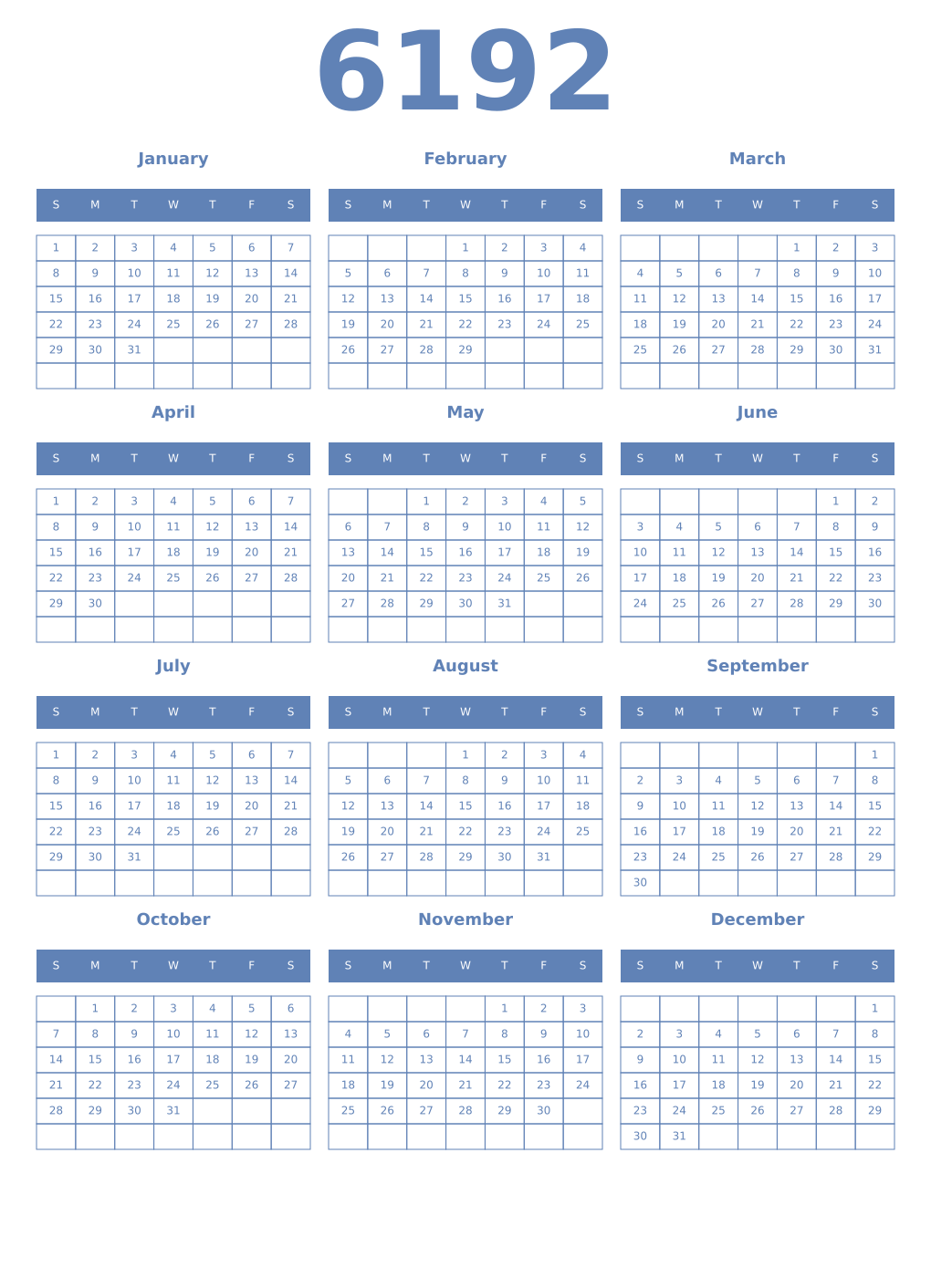 Printable 6192 Year Calendars glaucous