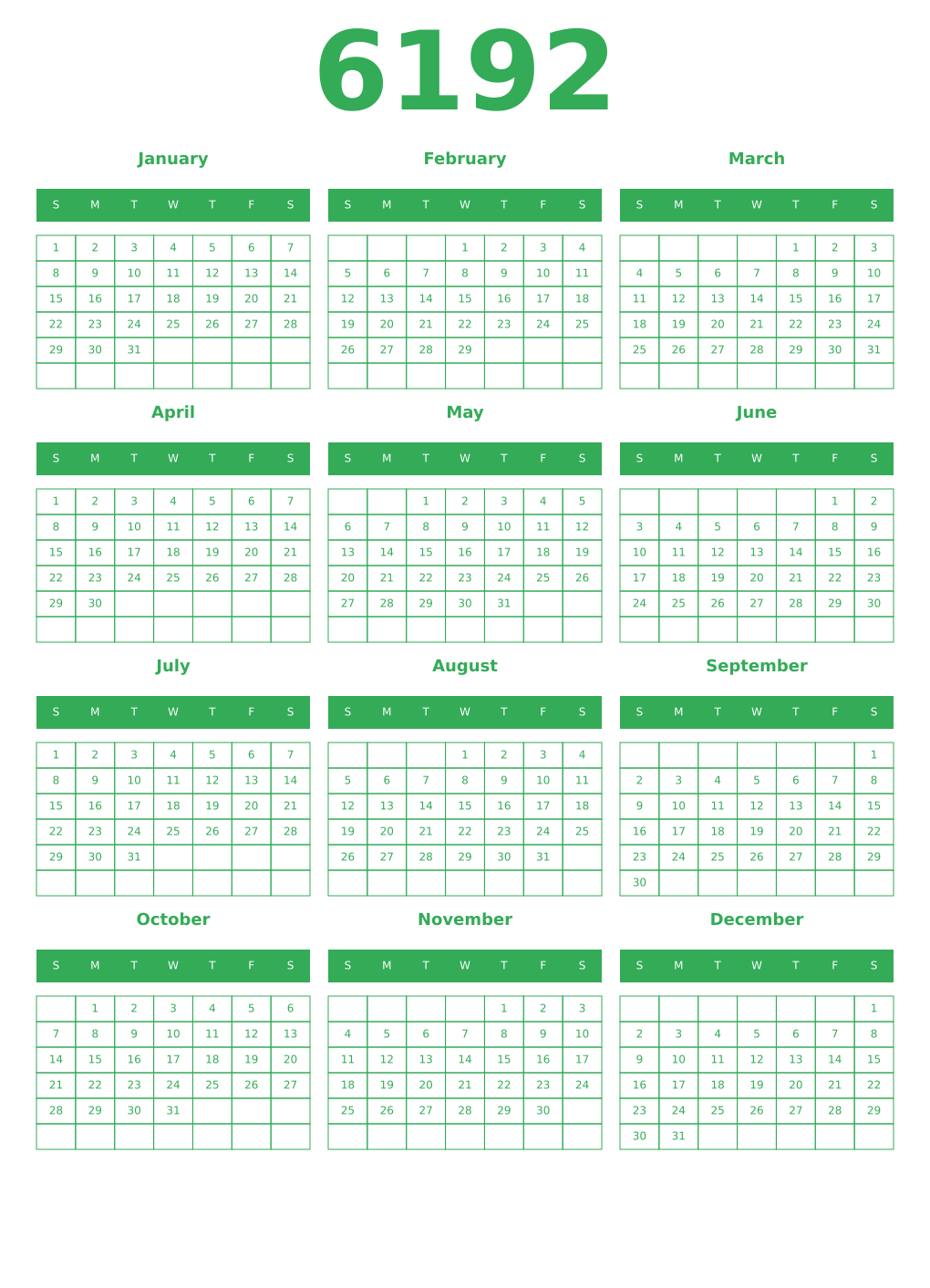Printable 6192 Year Calendars green