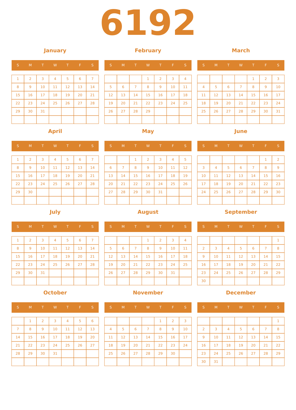 Printable 6192 Year Calendars orange