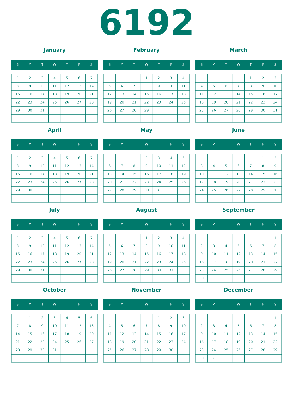 Printable 6192 Year Calendars pastel