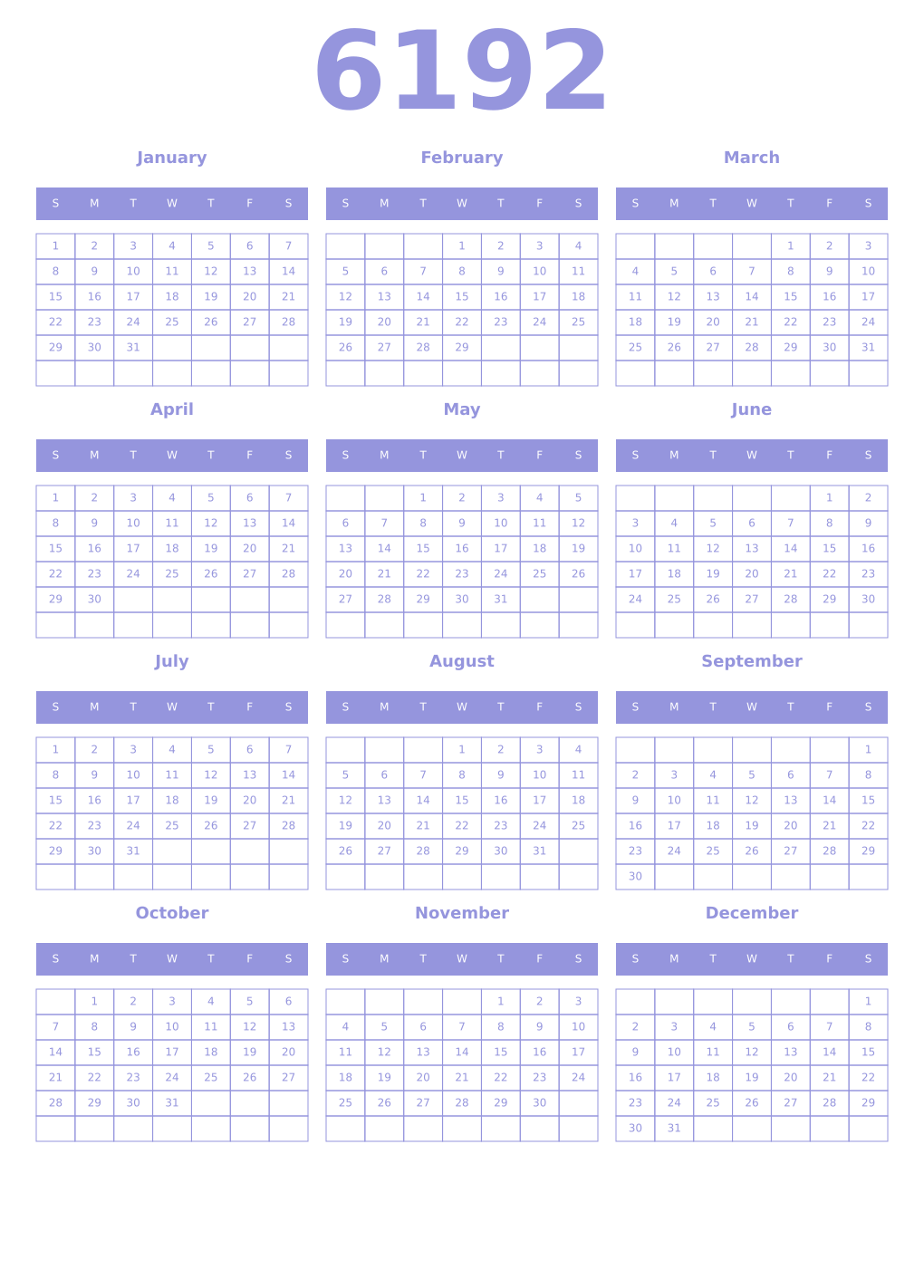 Printable 6192 Year Calendars periwinkle