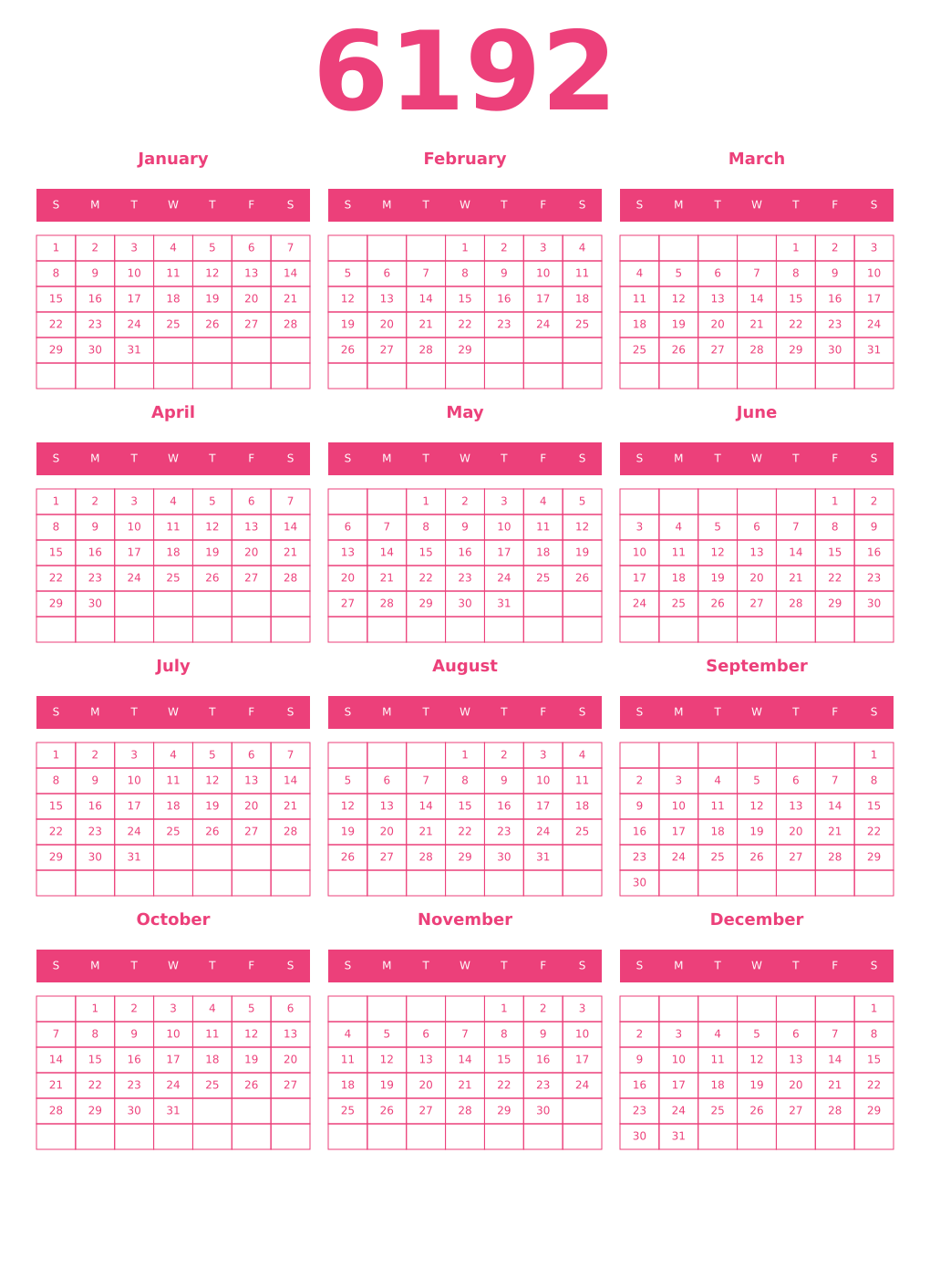 Printable 6192 Year Calendars pink