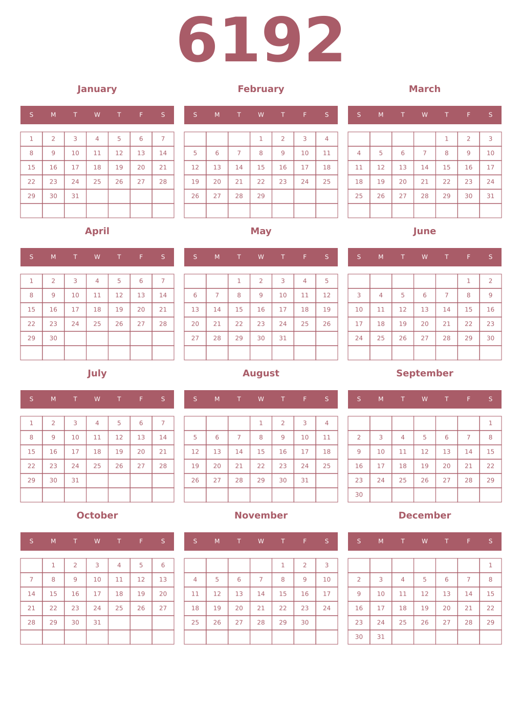 Printable 6192 Year Calendars puce
