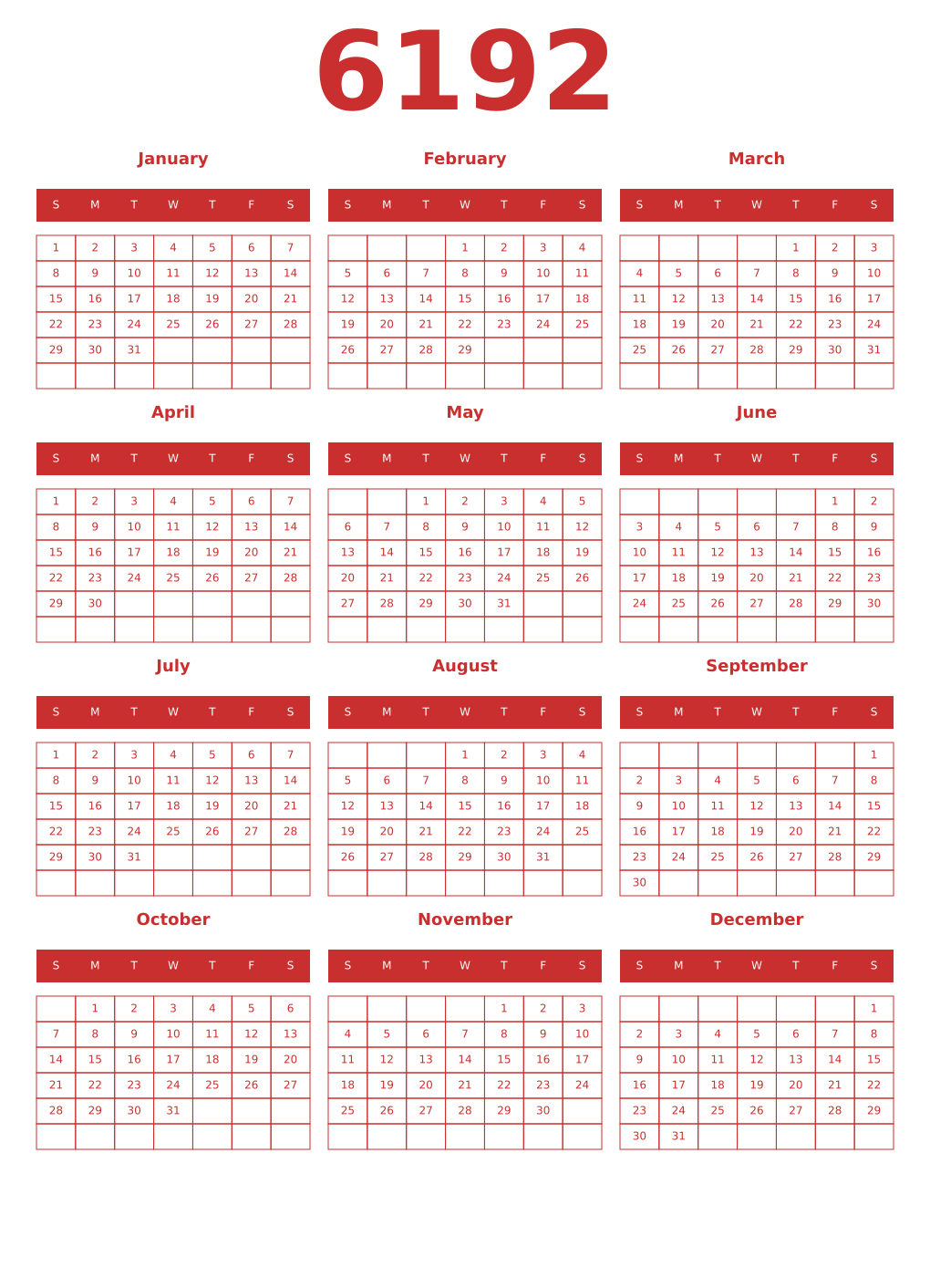 Printable 6192 Year Calendars red
