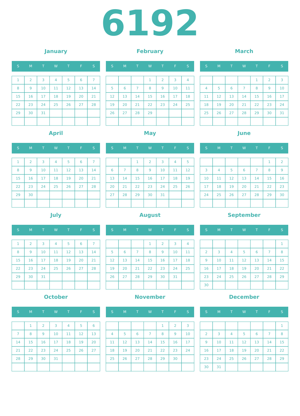 Printable 6192 Year Calendars verdigris