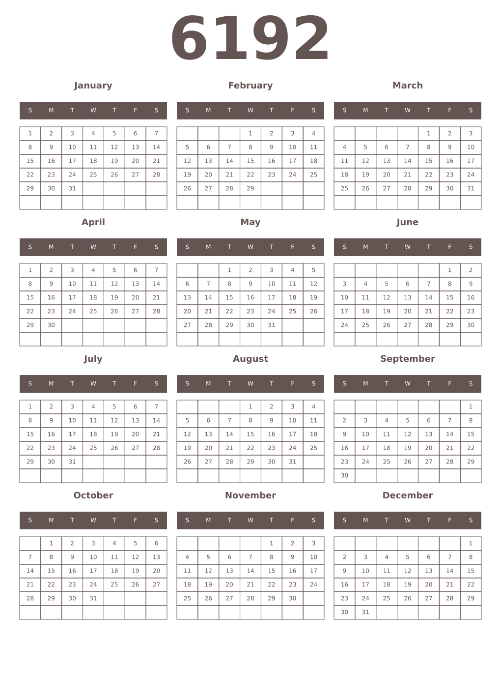 Printable 6192 Year Calendars wenge