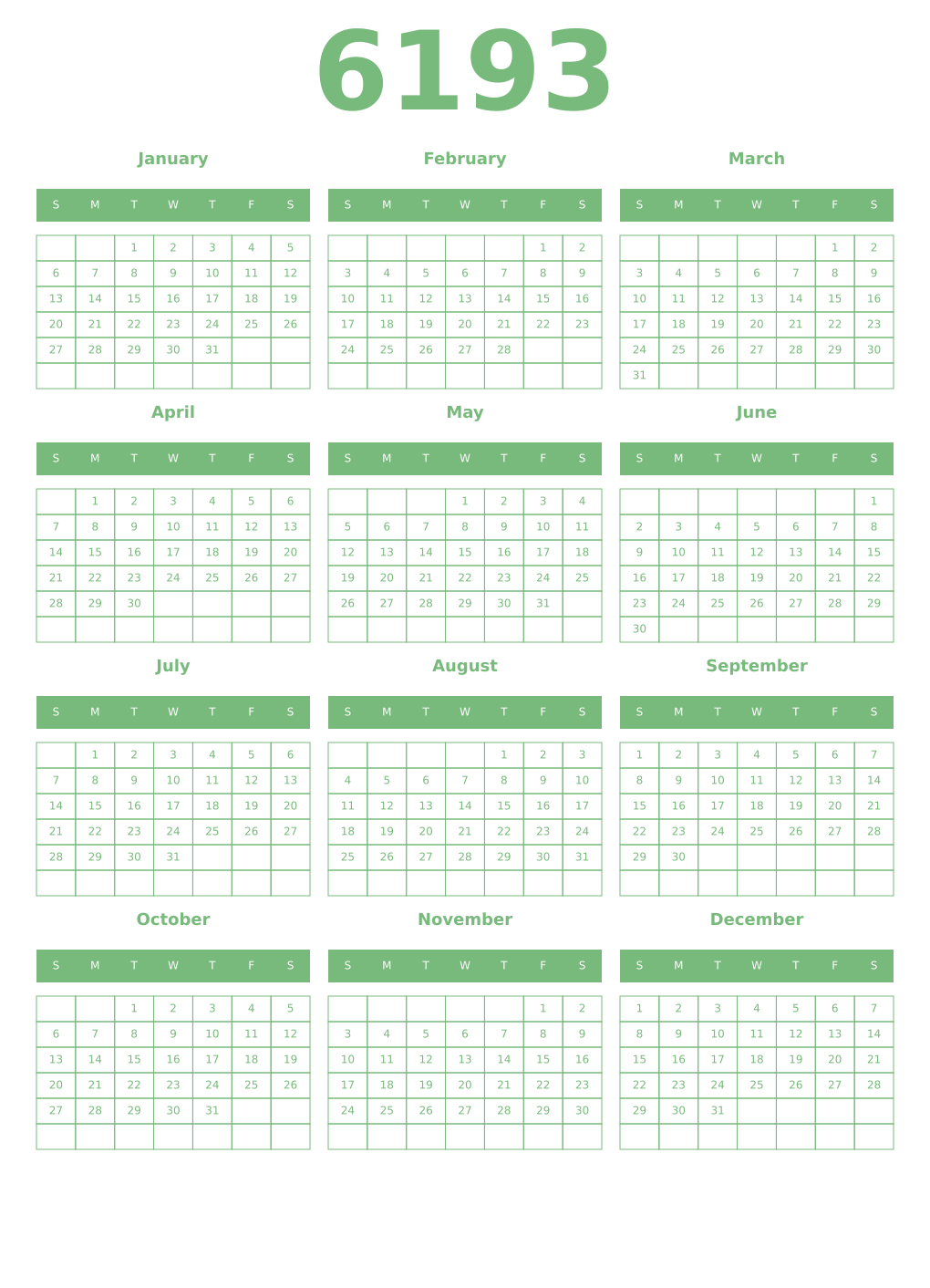 Printable 6193 Year Calendars celadon