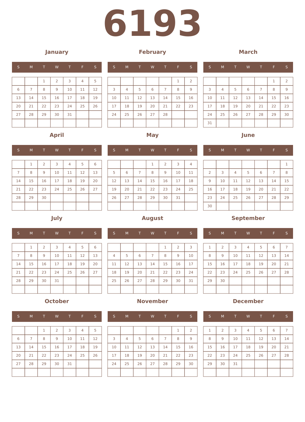 Printable 6193 Year Calendars coffe