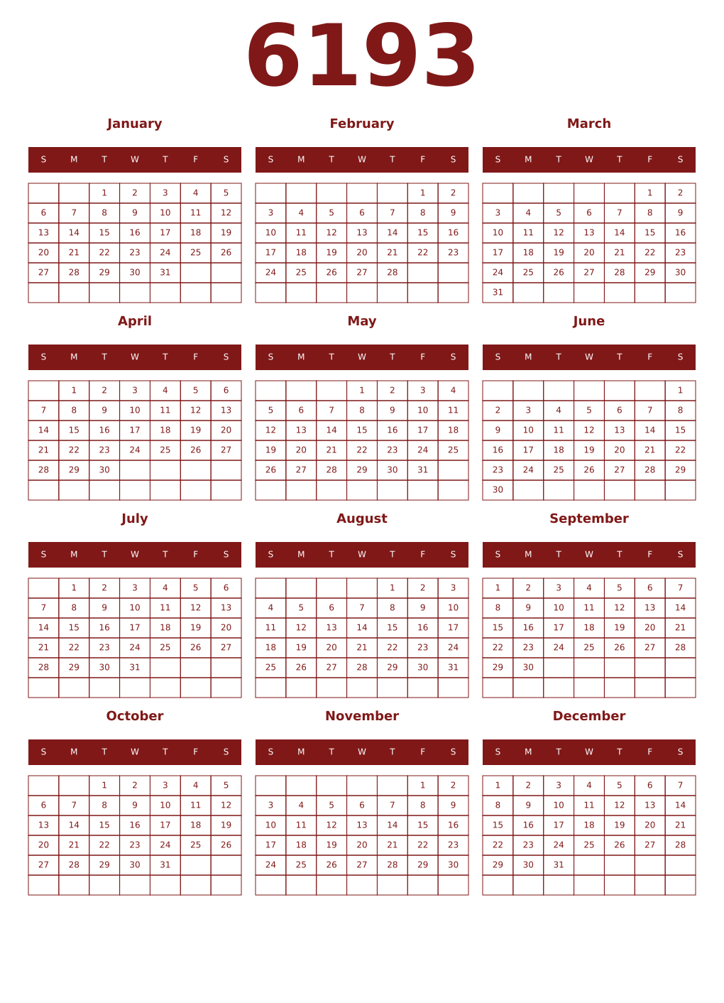 Printable 6193 Year Calendars falu