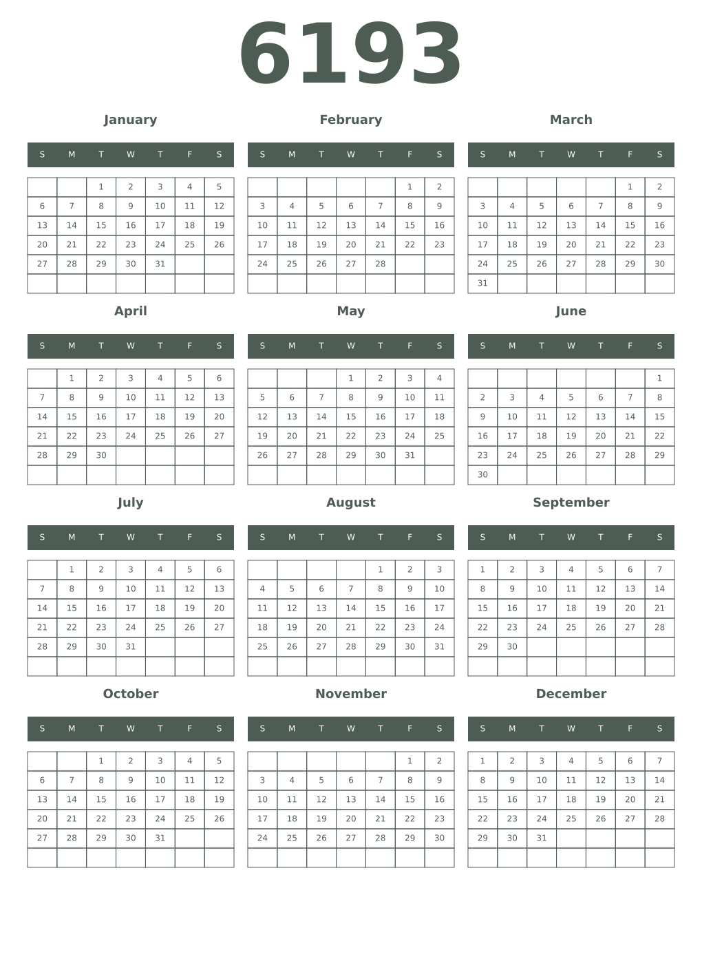 Printable 6193 Year Calendars feldgrau