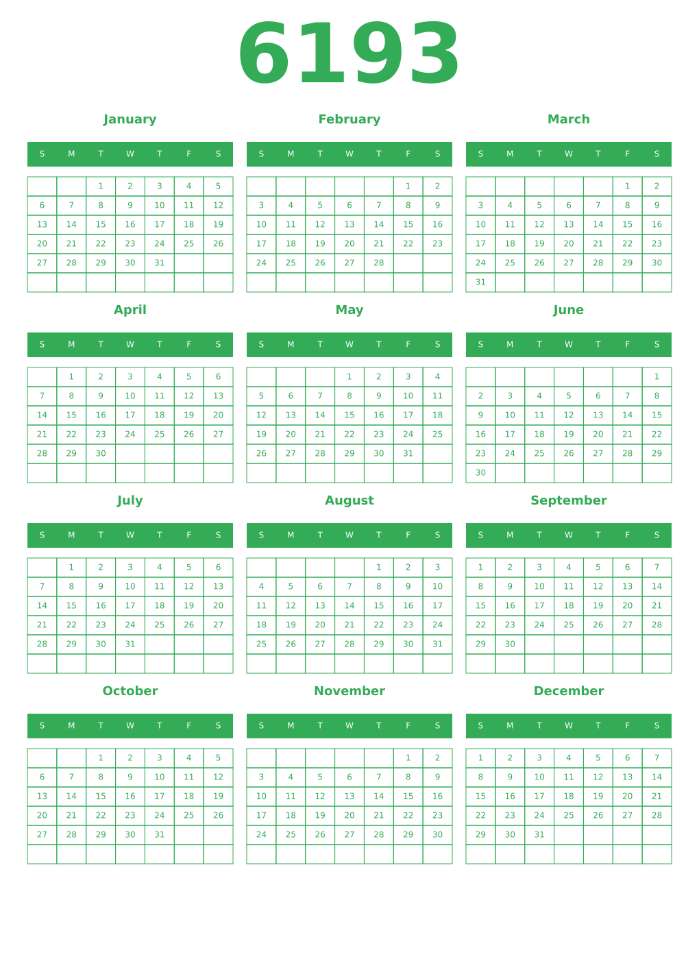 Printable 6193 Year Calendars green