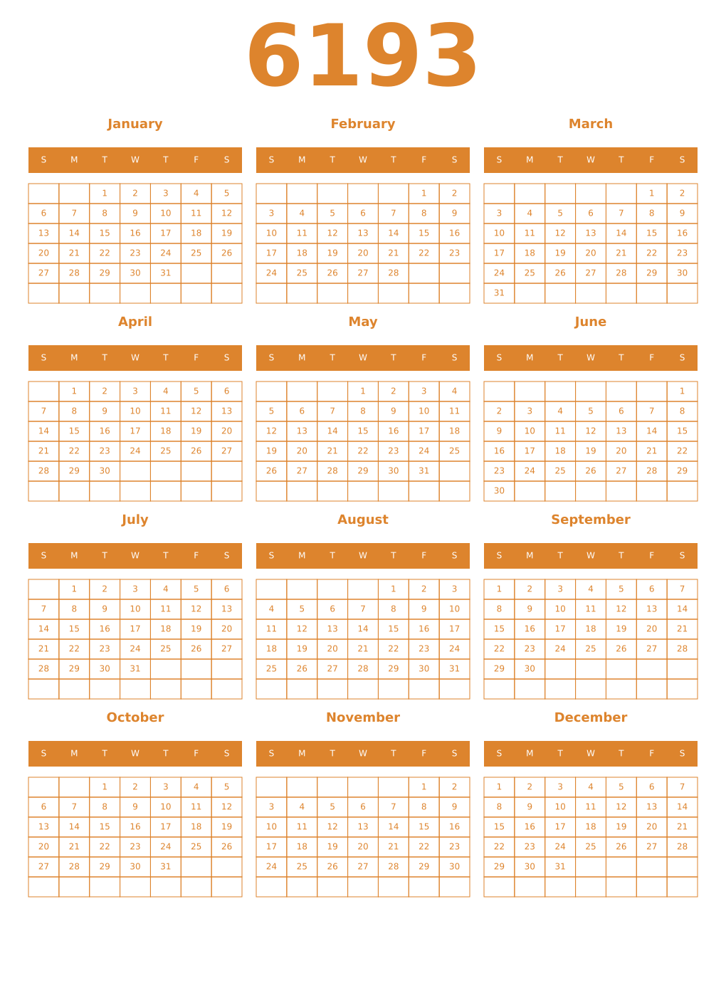 Printable 6193 Year Calendars orange