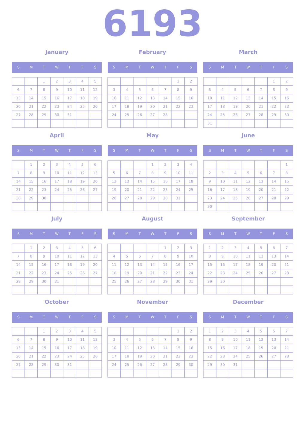Printable 6193 Year Calendars periwinkle