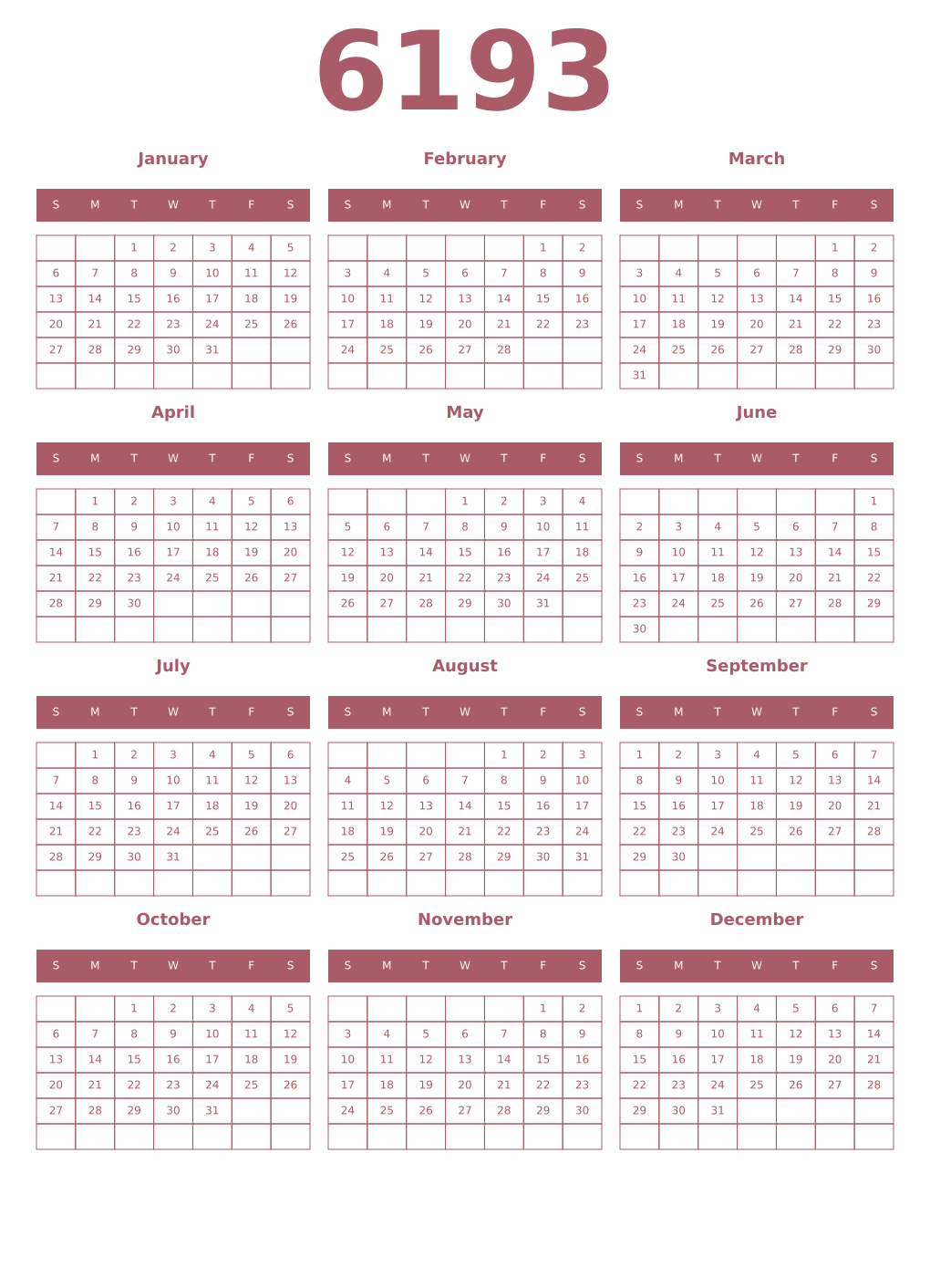 Printable 6193 Year Calendars puce
