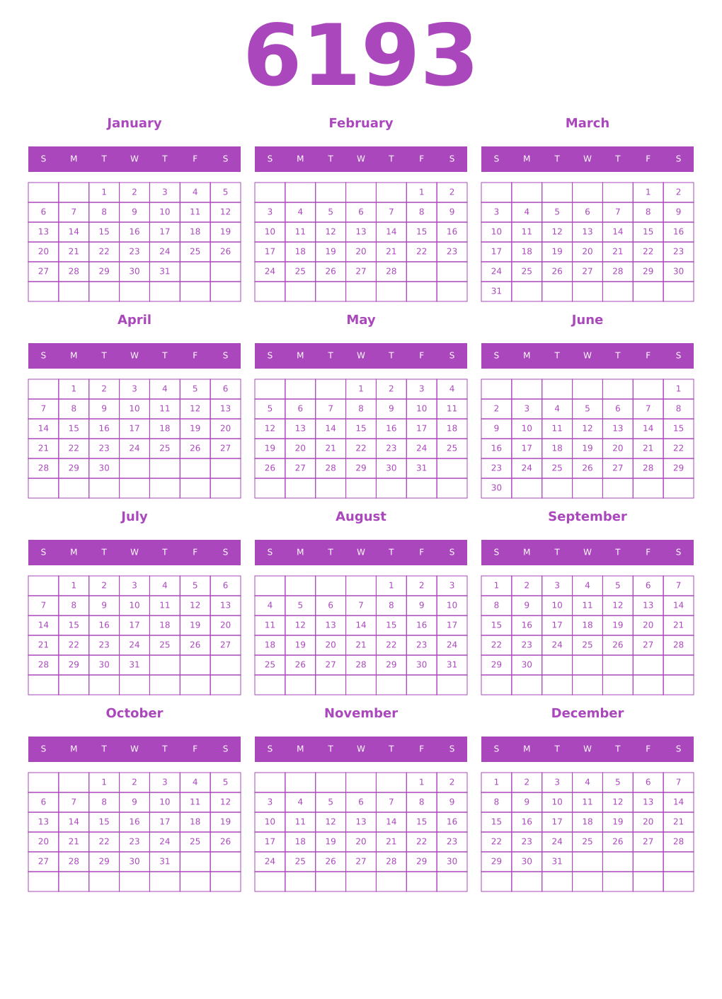 Printable 6193 Year Calendars purple