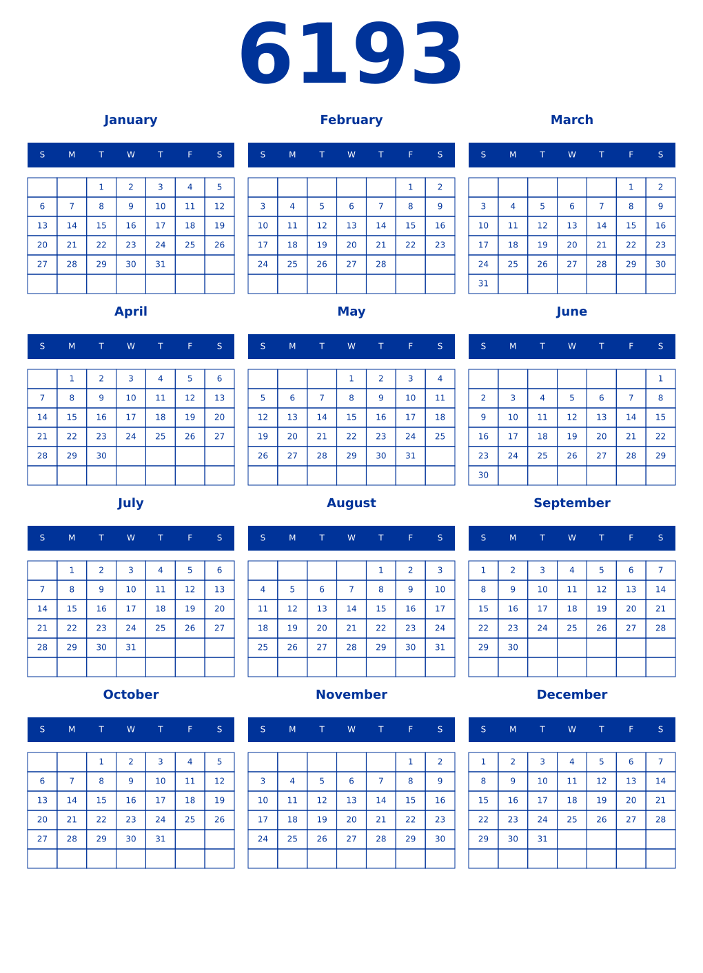 Printable 6193 Year Calendars smalt