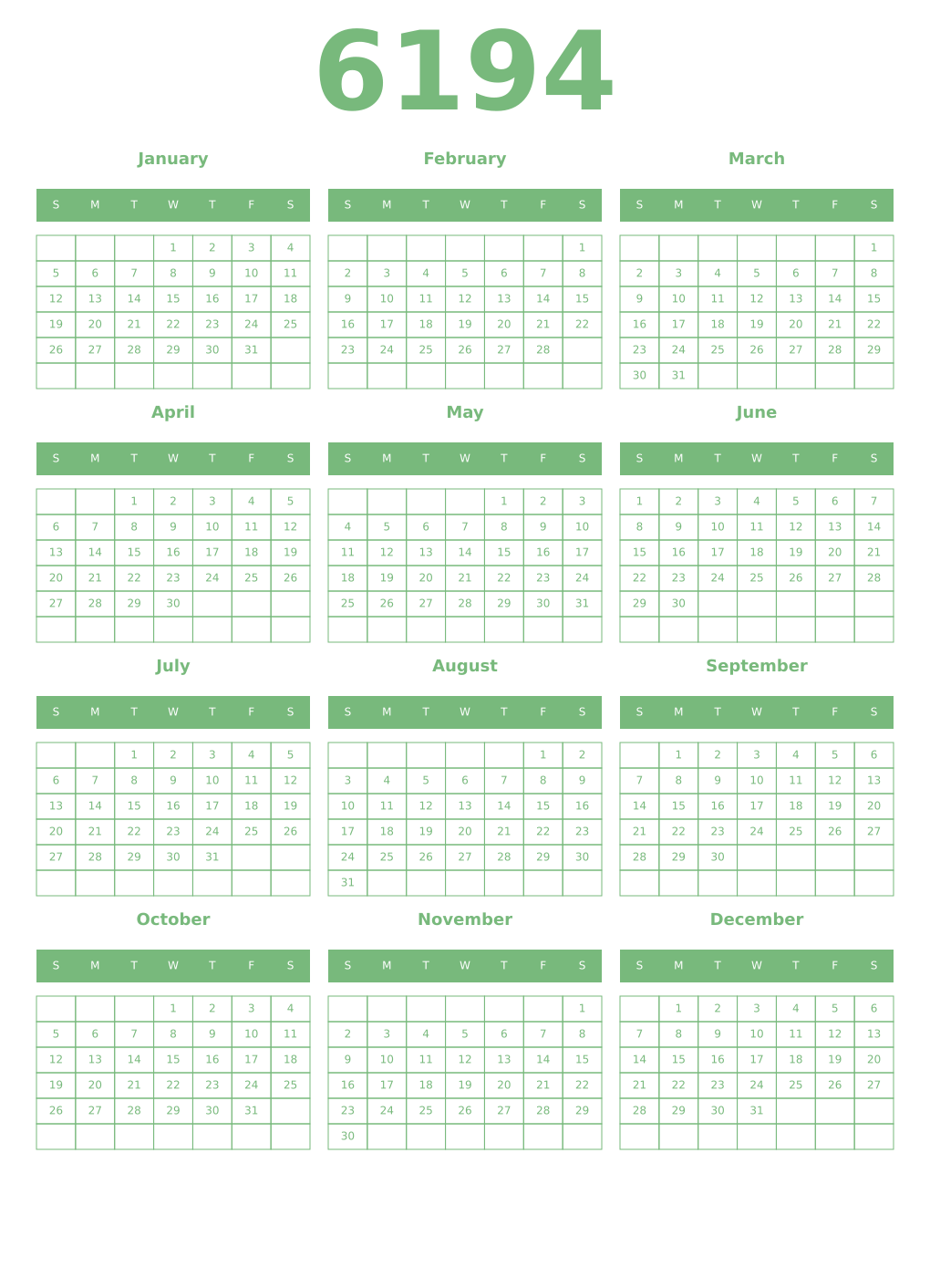 Printable 6194 Year Calendars celadon