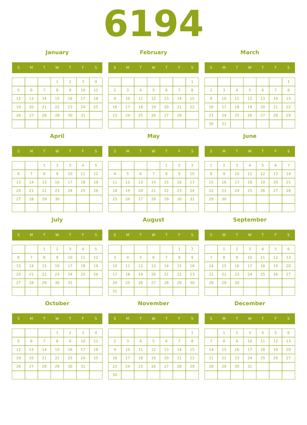 Printable 6194 Year Calendars chartreuse