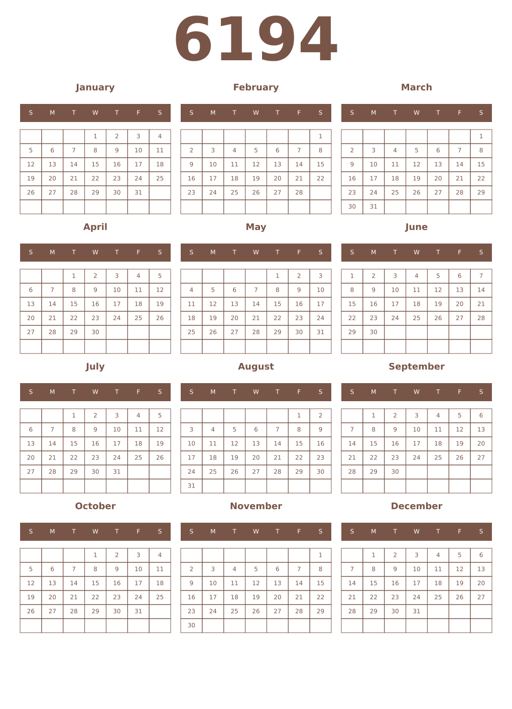 Printable 6194 Year Calendars coffe