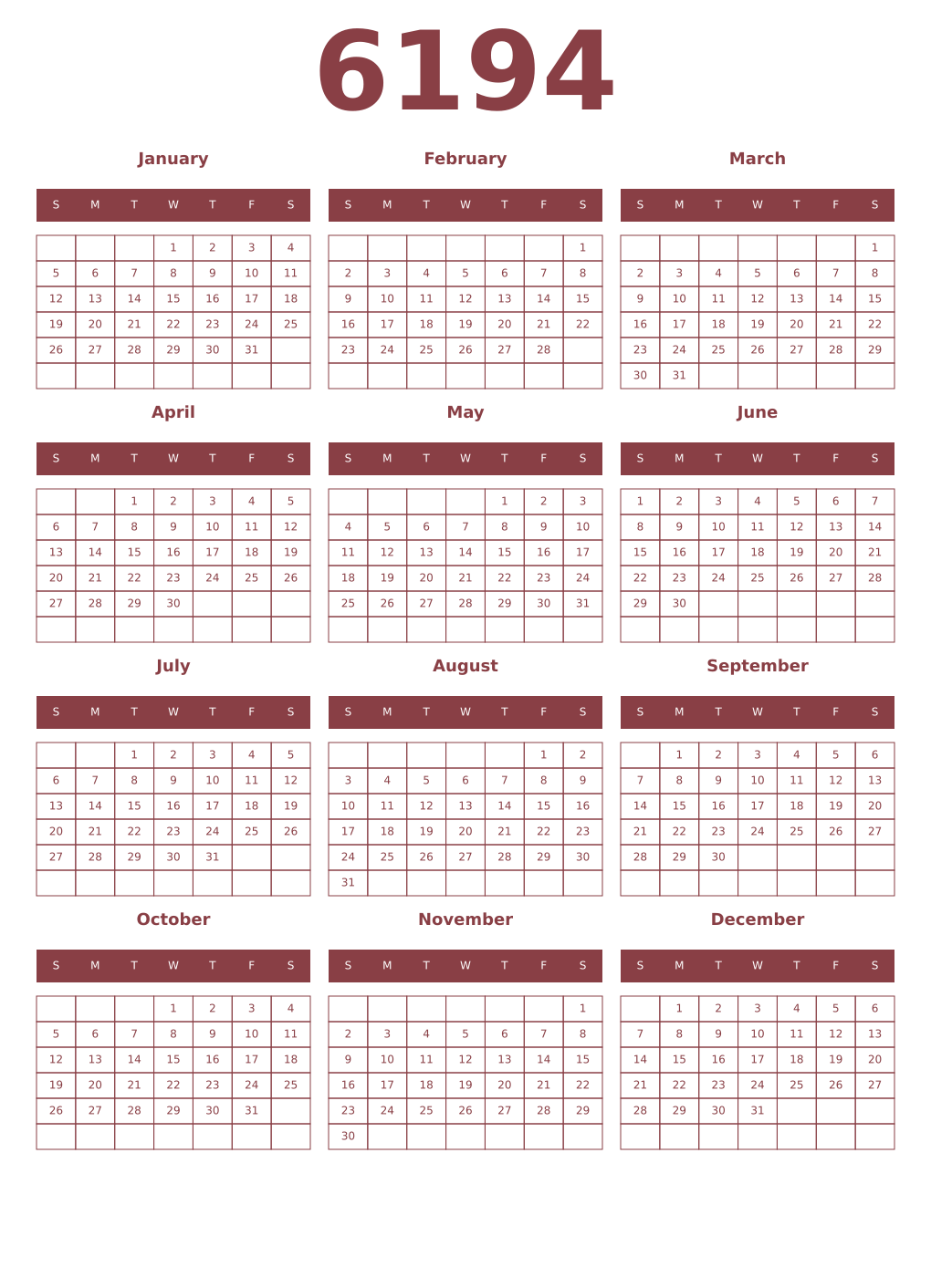 Printable 6194 Year Calendars cordovan