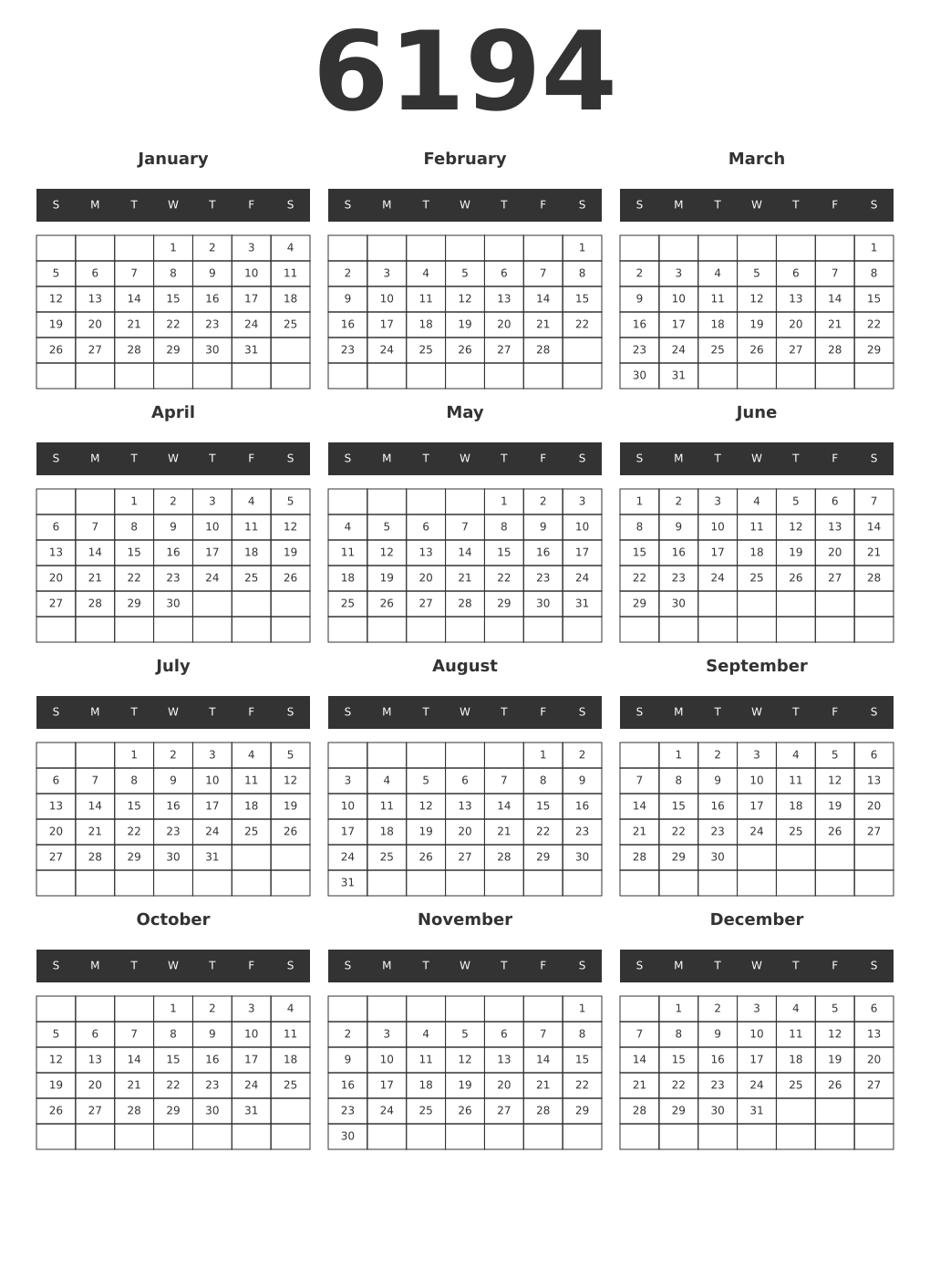 Printable 6194 Year Calendars dark
