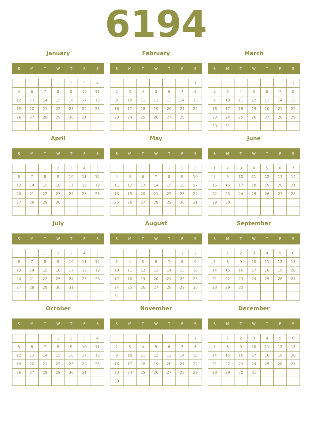 Printable 6194 Year Calendars eburnean