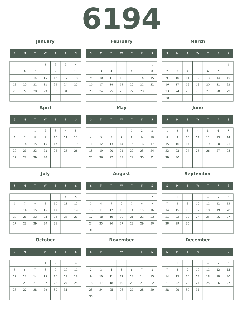 Printable 6194 Year Calendars feldgrau