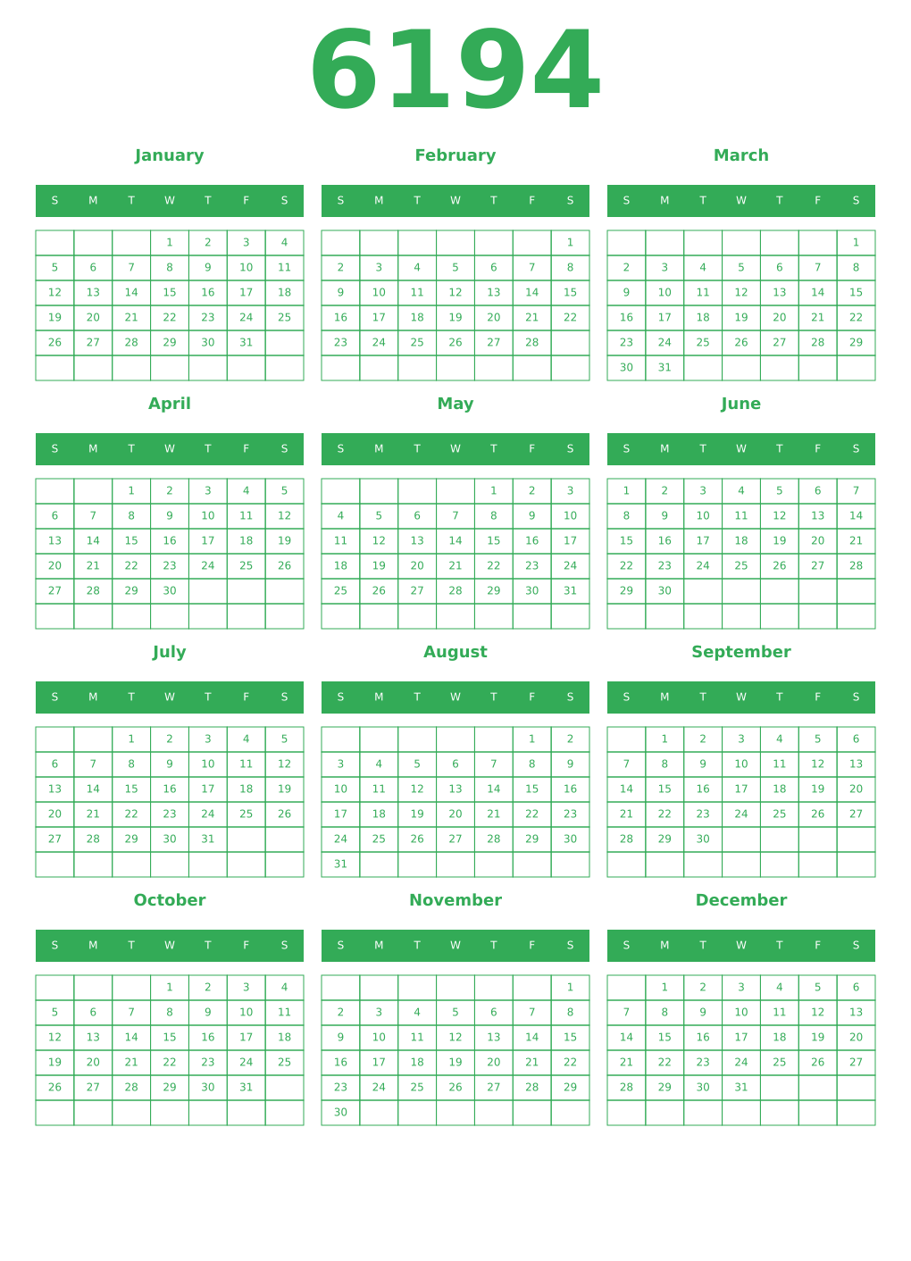 Printable 6194 Year Calendars green