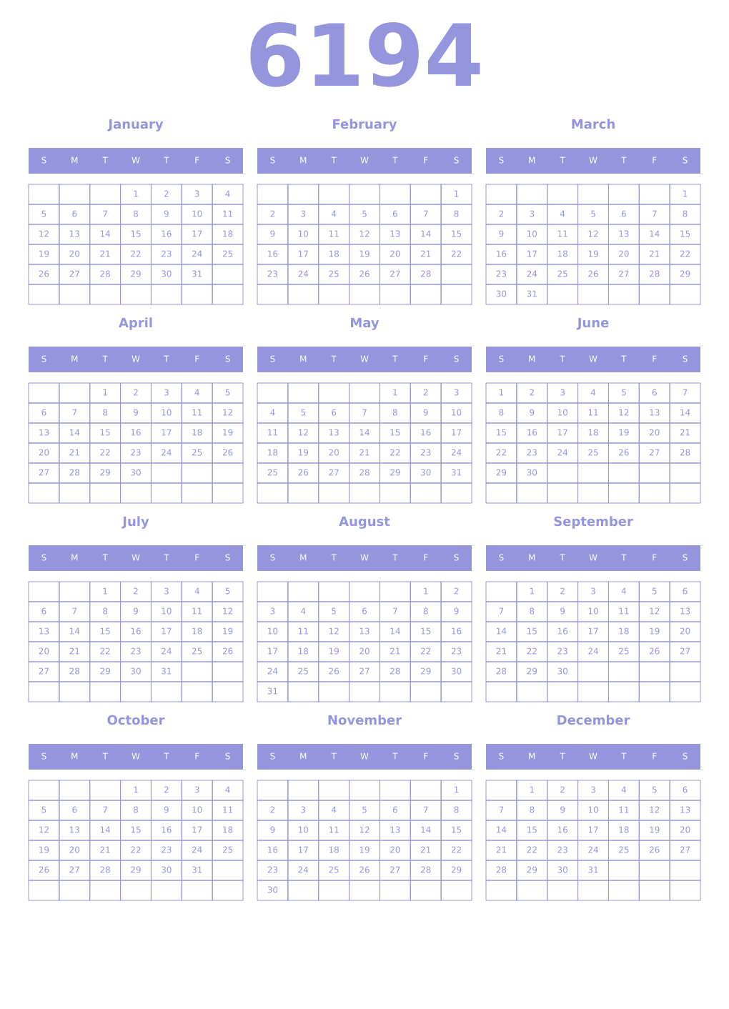 Printable 6194 Year Calendars periwinkle