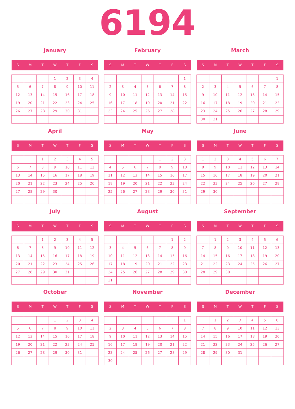 Printable 6194 Year Calendars pink