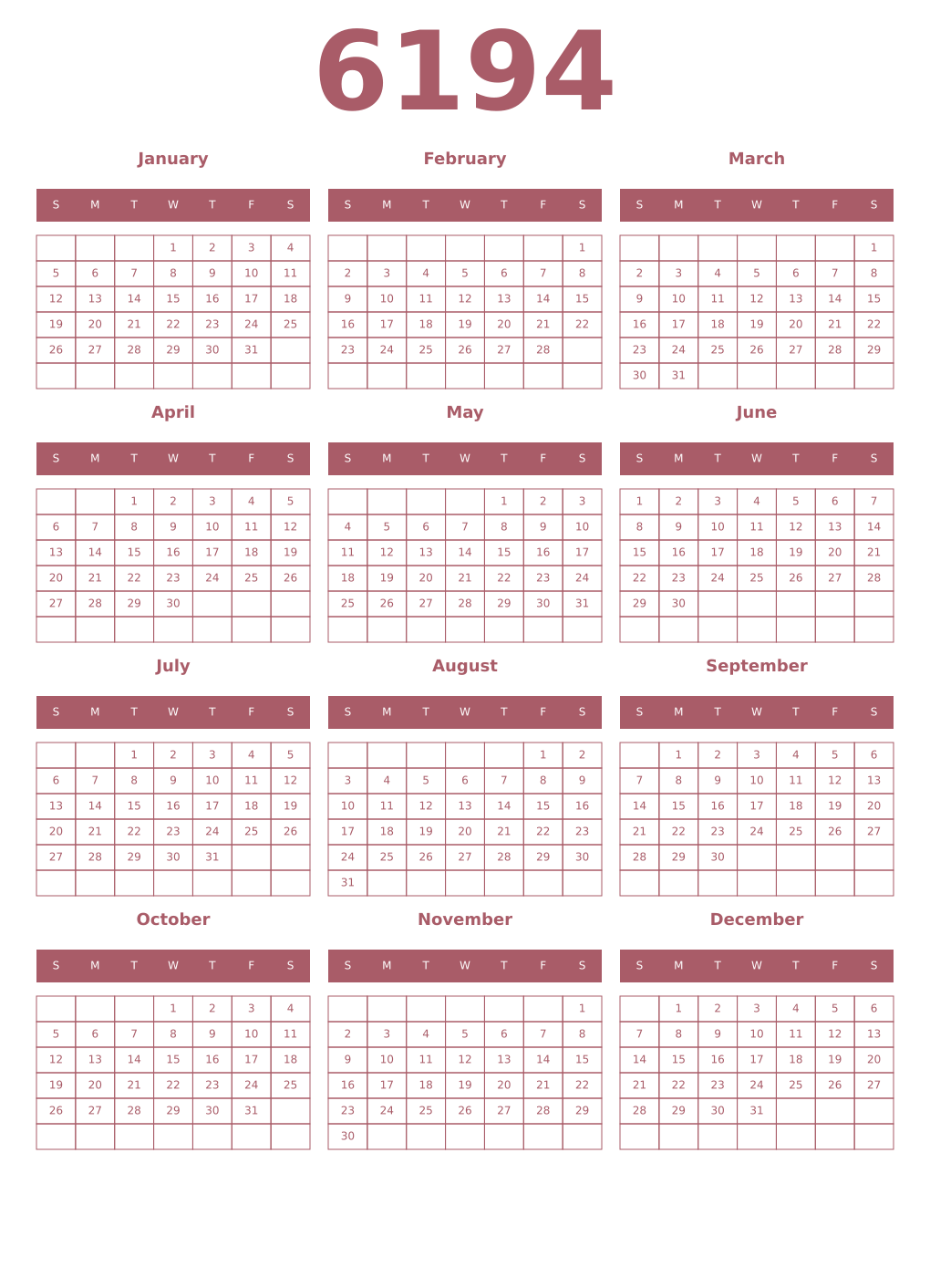 Printable 6194 Year Calendars puce