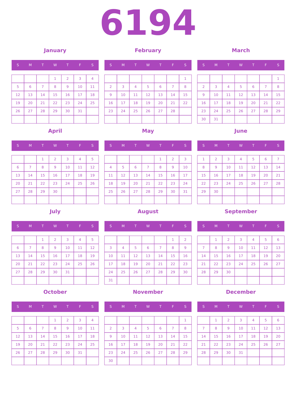Printable 6194 Year Calendars purple