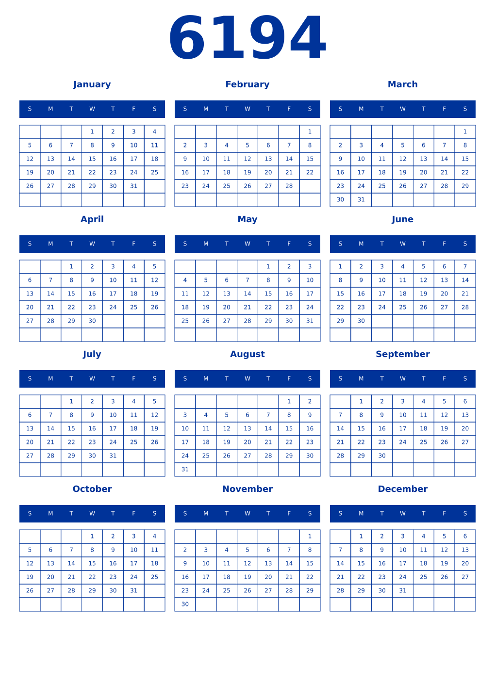 Printable 6194 Year Calendars smalt