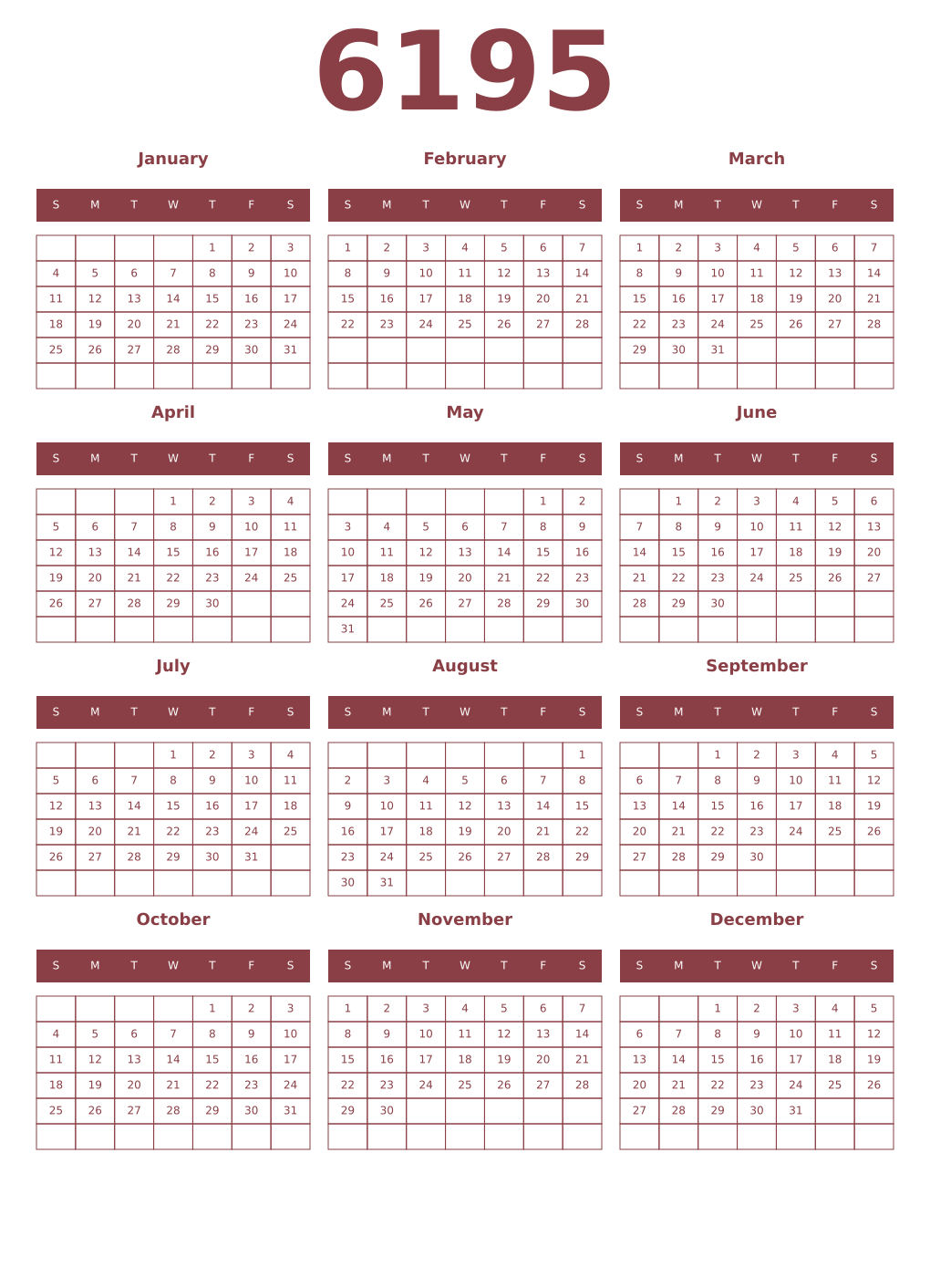 Printable 6195 Year Calendars cordovan