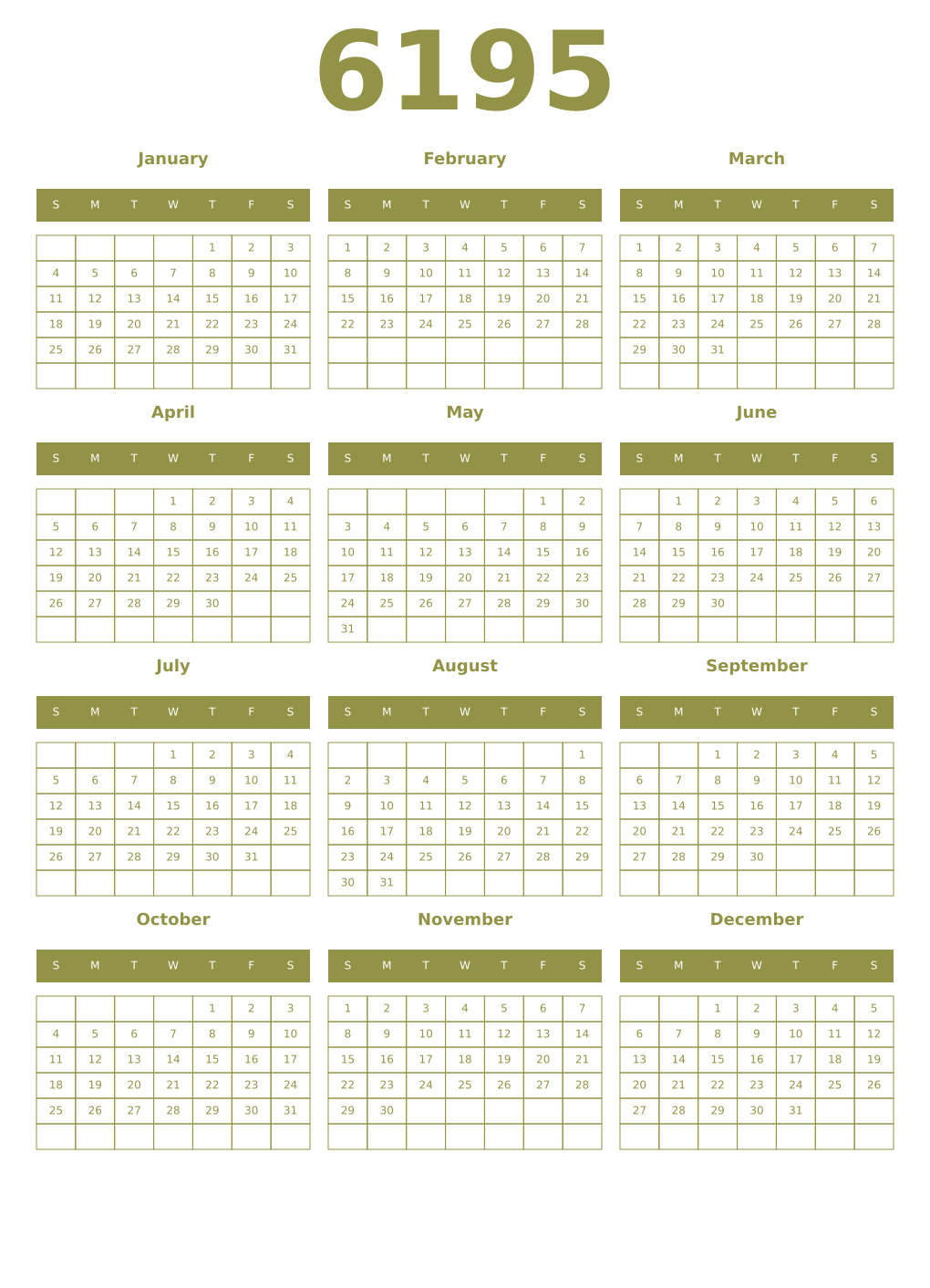 Printable 6195 Year Calendars eburnean