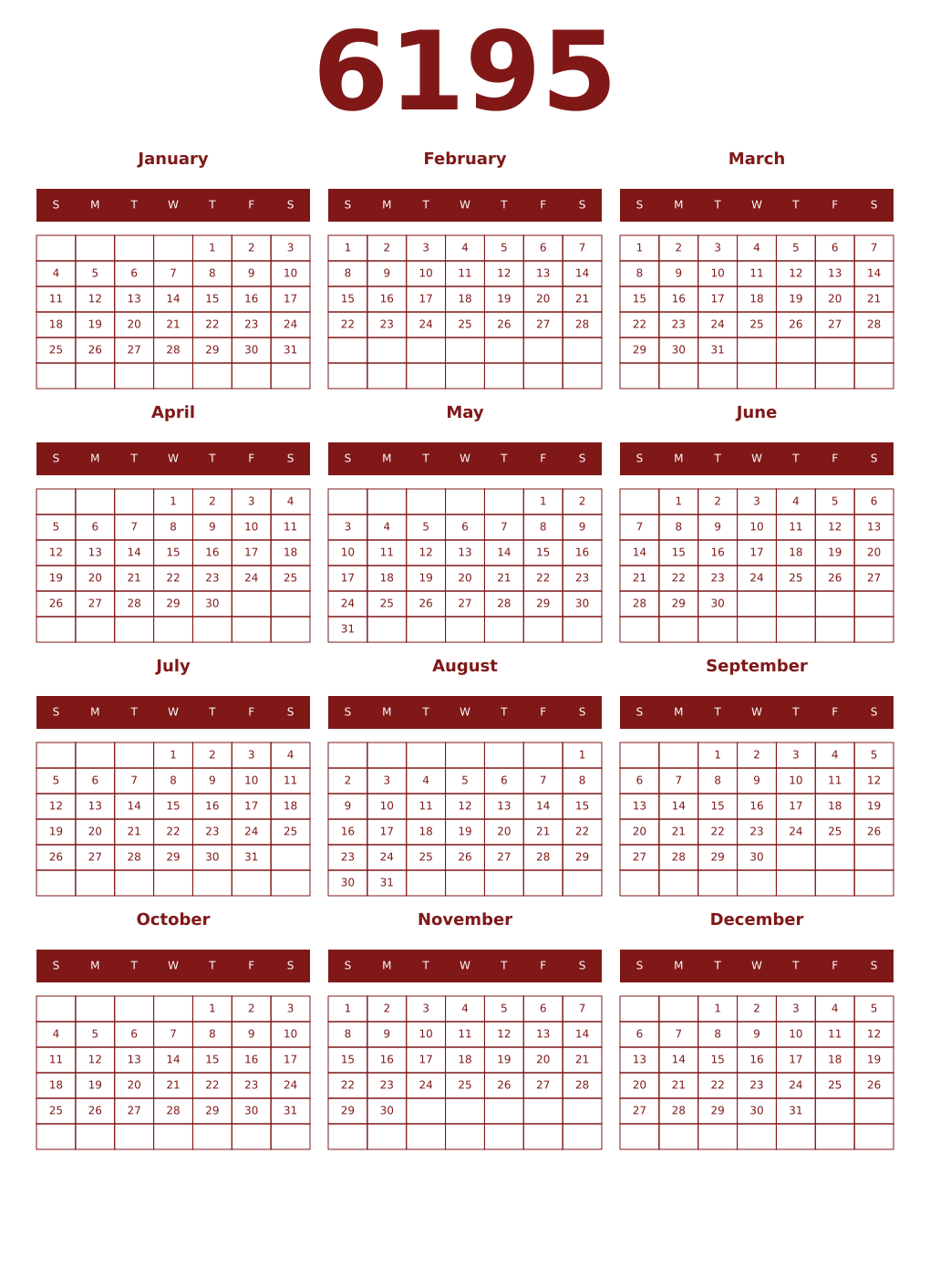 Printable 6195 Year Calendars falu