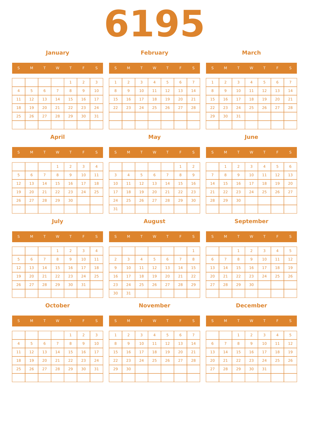 Printable 6195 Year Calendars orange