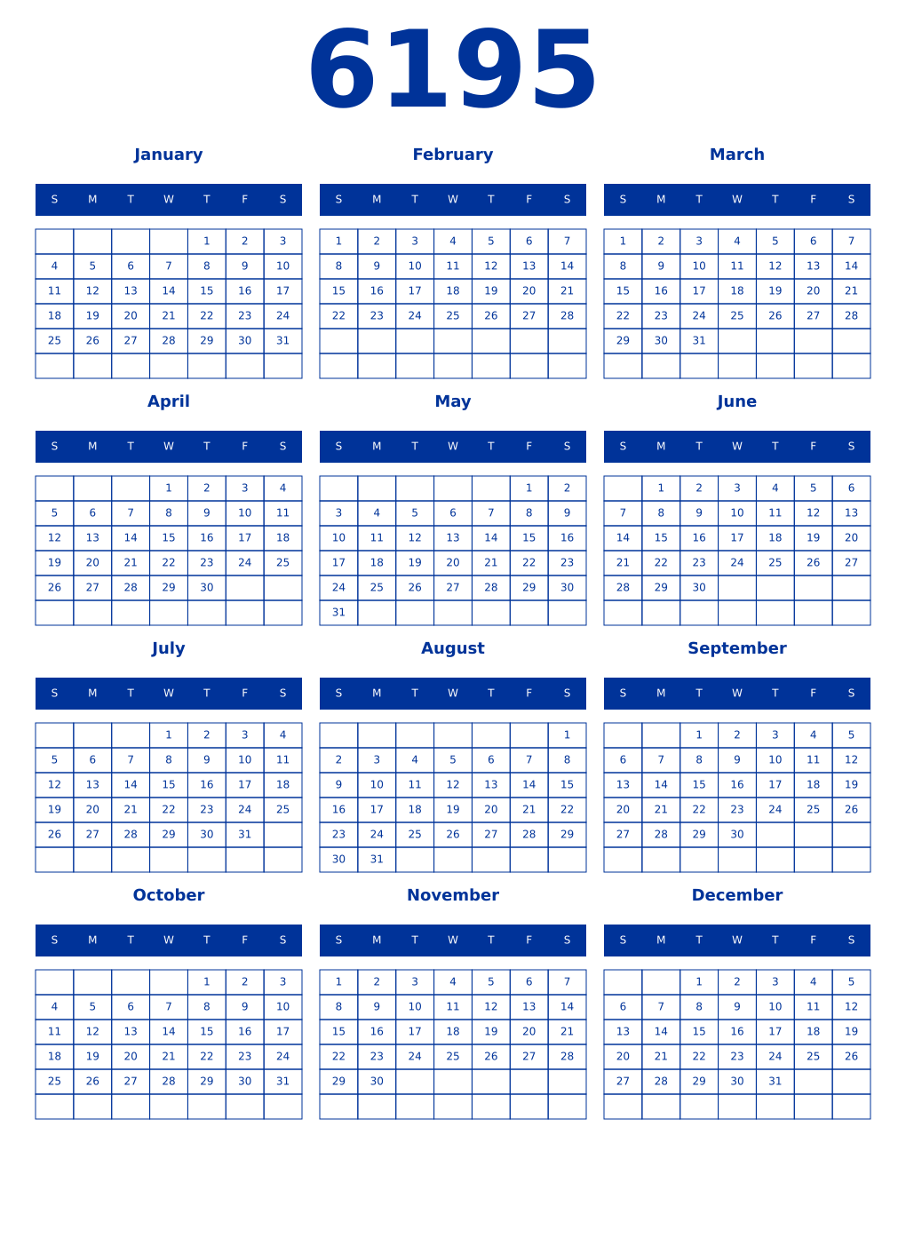 Printable 6195 Year Calendars smalt