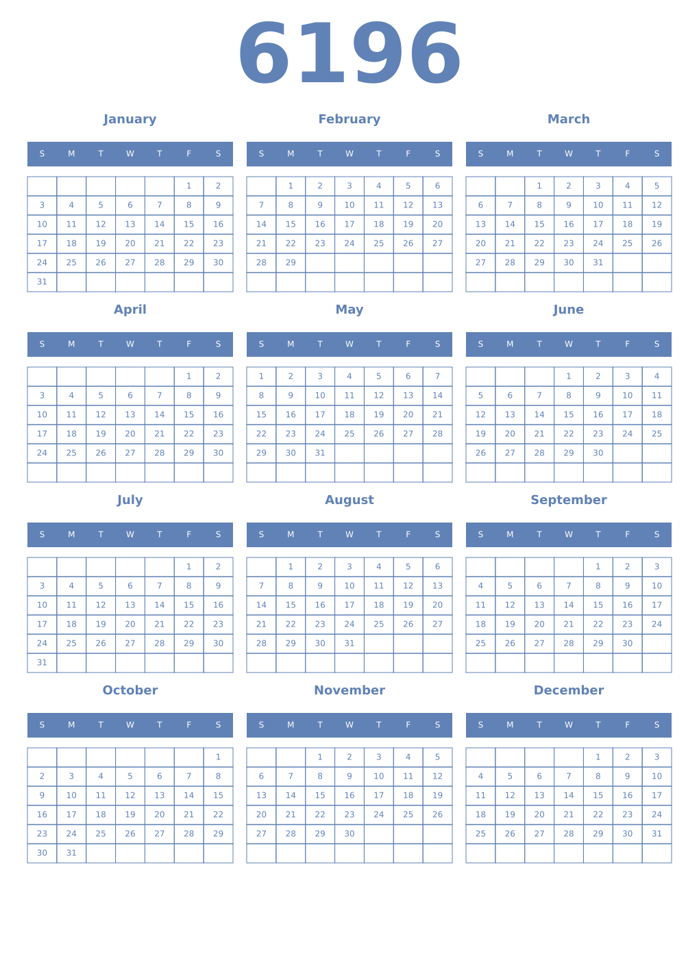 Printable 6196 Year Calendars glaucous