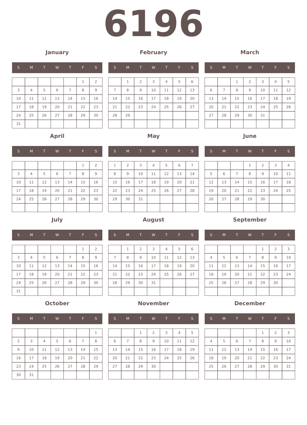 Printable 6196 Year Calendars wenge