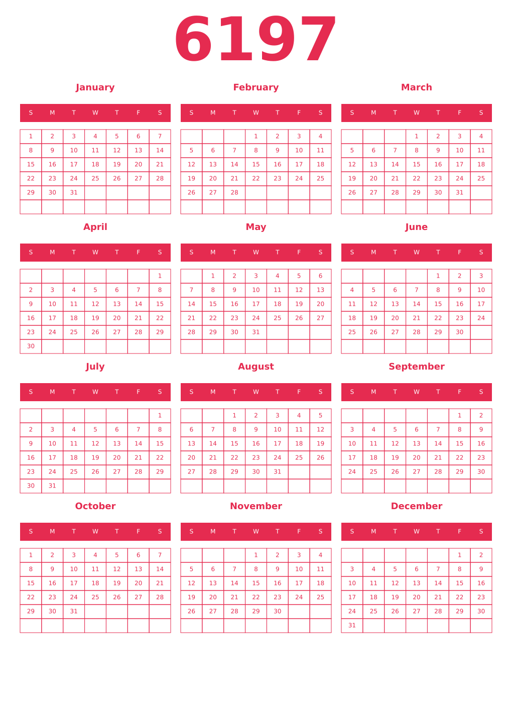 Printable 6197 Year Calendars amaranth