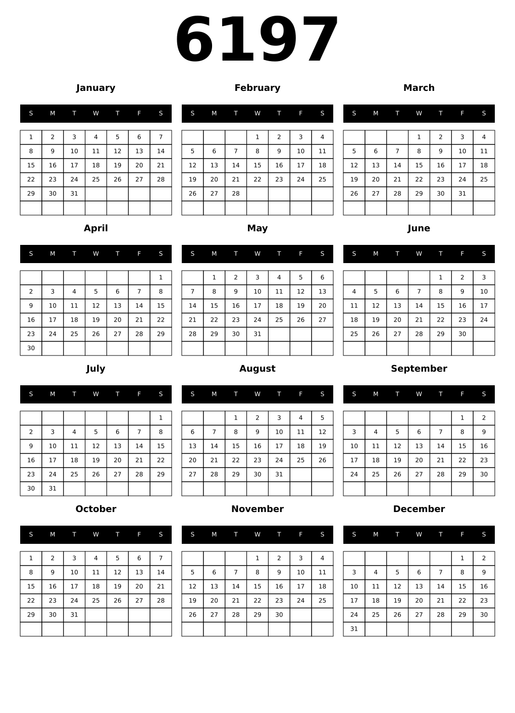 Printable 6197 Year Calendars black