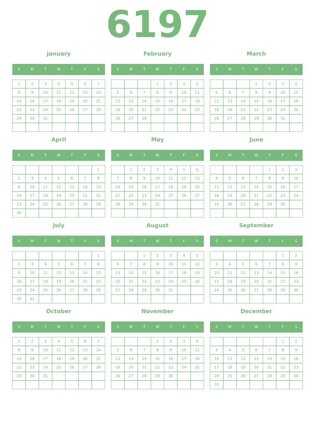 Printable 6197 Year Calendars celadon