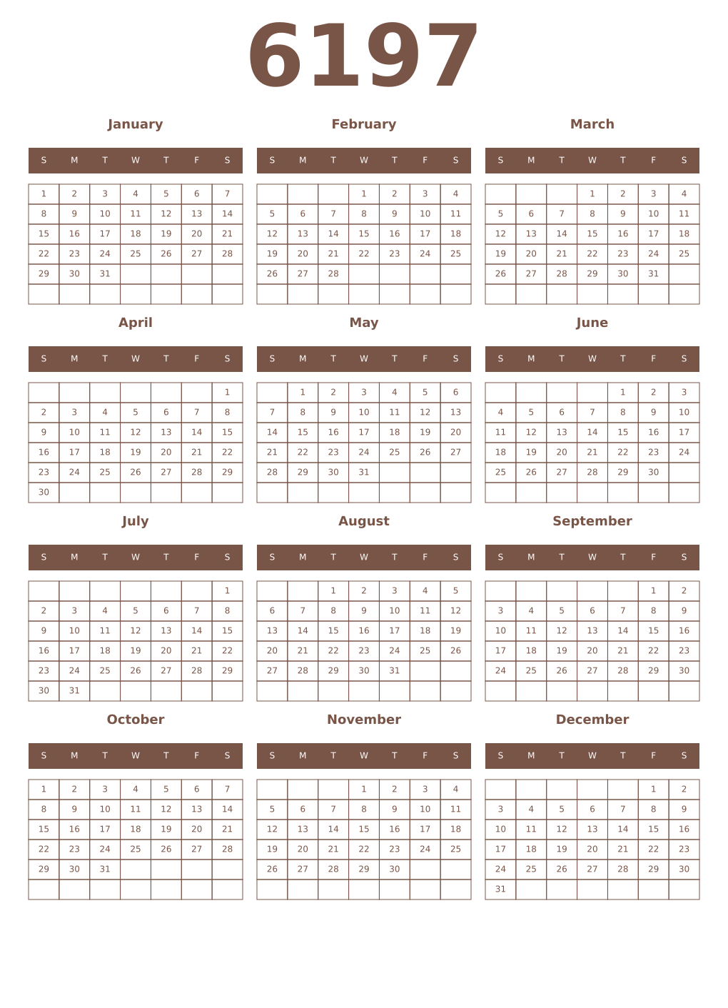 Printable 6197 Year Calendars coffe