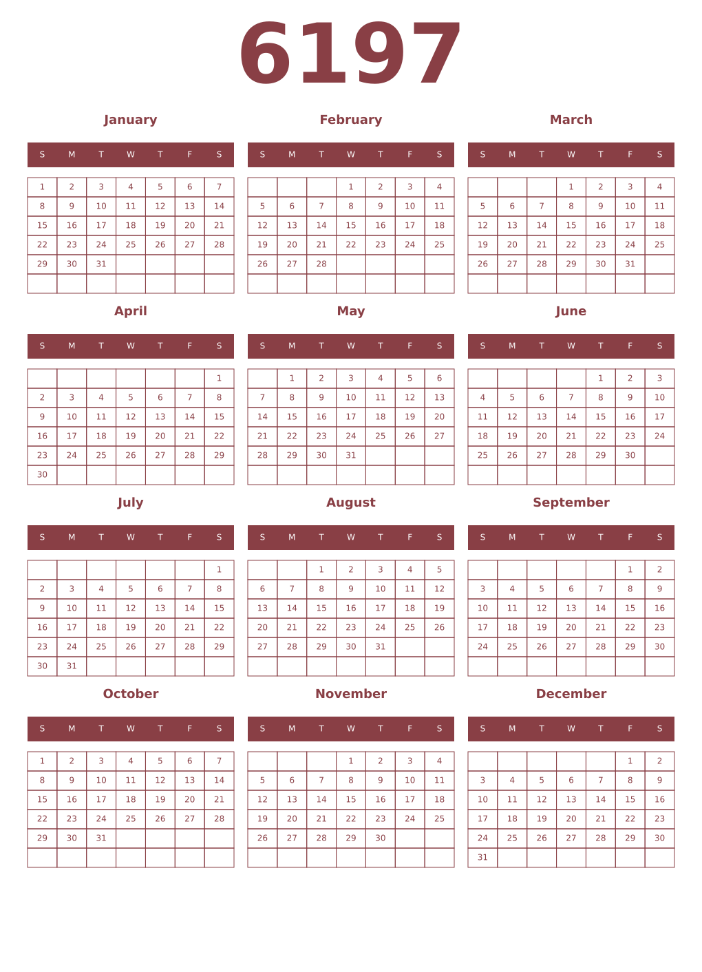 Printable 6197 Year Calendars cordovan
