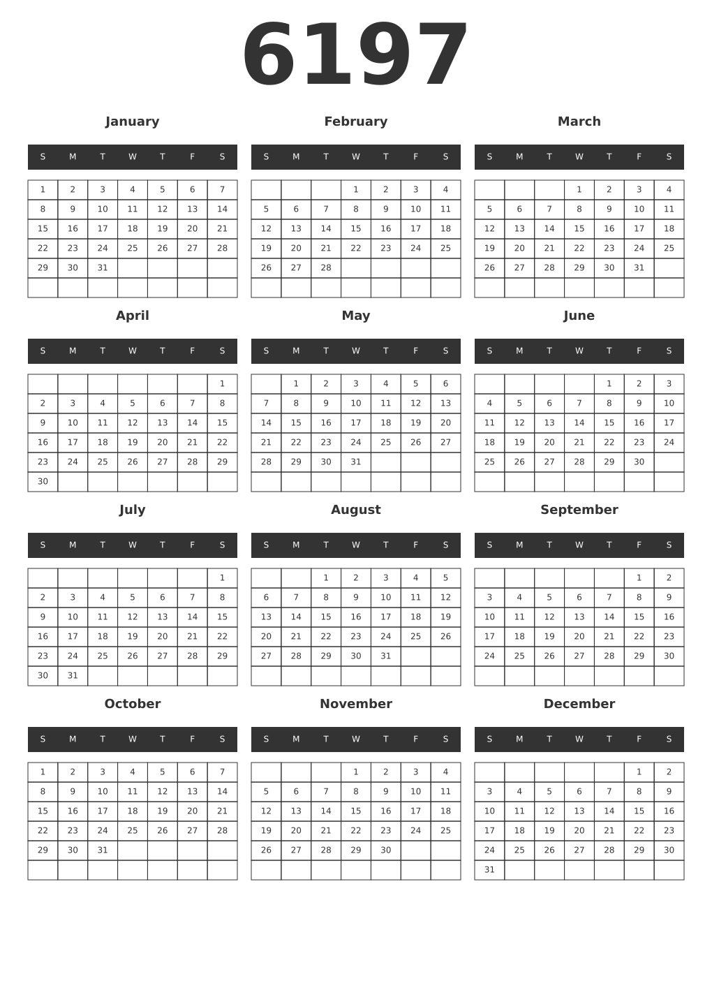 Printable 6197 Year Calendars dark
